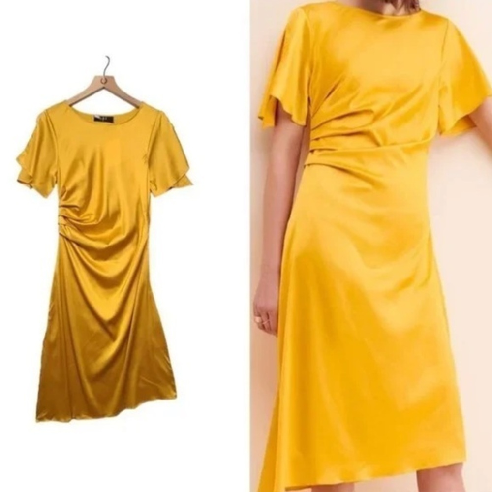 O.P.T. Side Ruched Midi Dress, Molten Gold, size XS NWT